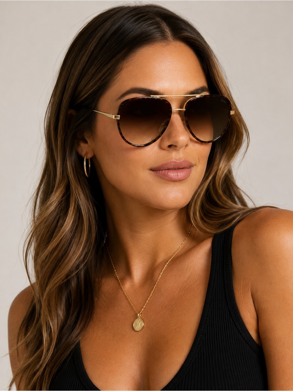 QUAY ALL IN Aviator Sunglasses Tortoise Brown Fade Gradient + Case - Picture 5 of 5
